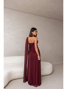 Long, One-Shoulder Party Dress In Dark Nude, Flowing Style, For Bridesmaids/Dates/Graduations/Guests. - Redwood - View 4