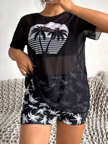 Conjunto de tankini de verano para mujer con parte superior e inferior, estampado de palmeras, informal, y cubre con parte super - blancoynegro - Ver 4