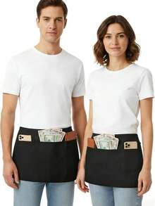 1pc 3-Pocket Black Server Apron, Short Half-Body Waist Apron For Catering Work Uniform - Multicolor - View 10