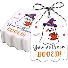 萬聖節附繩禮物吊牌，兒童用詭譎情人節禮物吊牌，You've Been Booed 吊牌，萬聖節禮物袋吊牌，可填名字的打孔紙製禮物吊牌 - B - 查看 2
