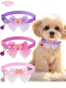 1/3pcs Cute Shiny Bow Bell Collar For Cats And Dogs, Suitable For Daily Use - Multicolor - View 1