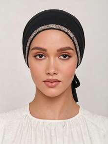 1pc Women's Solid Color Rhinestone Embellished Tie-Up Hat, Elastic Drawstring Headscarf With Inner Lining - B-hot Rhinestone Black - View 4