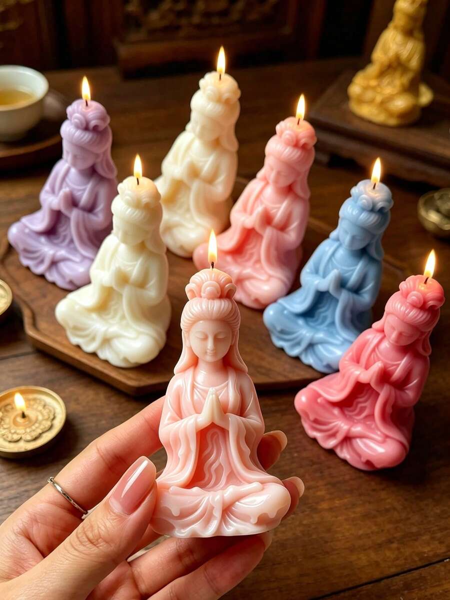 3D Sitting Guan Yin Buddha Statue Silicone Candle Mold, Prayer Hands Pose, For DIY Candles, Plaster, Resin Home Decor Ornaments, Religious Handmade Gift - A - View 1