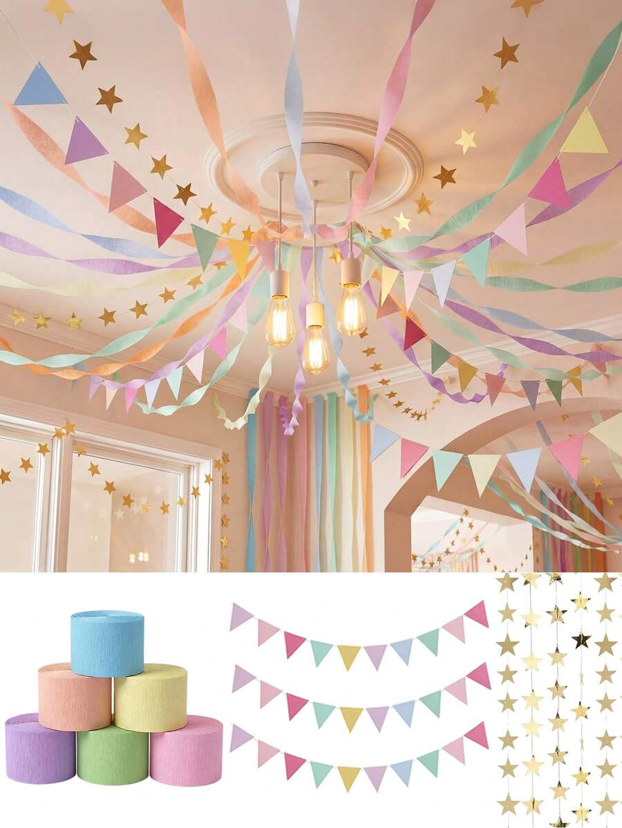 1 Set Macaron Color Ceiling Decoration, Hanging Rainbow Party Decoration Set - Crepe Paper Tassel Ribbon Triangle Flag Banner Gold Star Garland Background Decoration, Suitable For Birthday, Wedding, Colorful Party Decoration And DIY Crafts - Multicolor - View 1