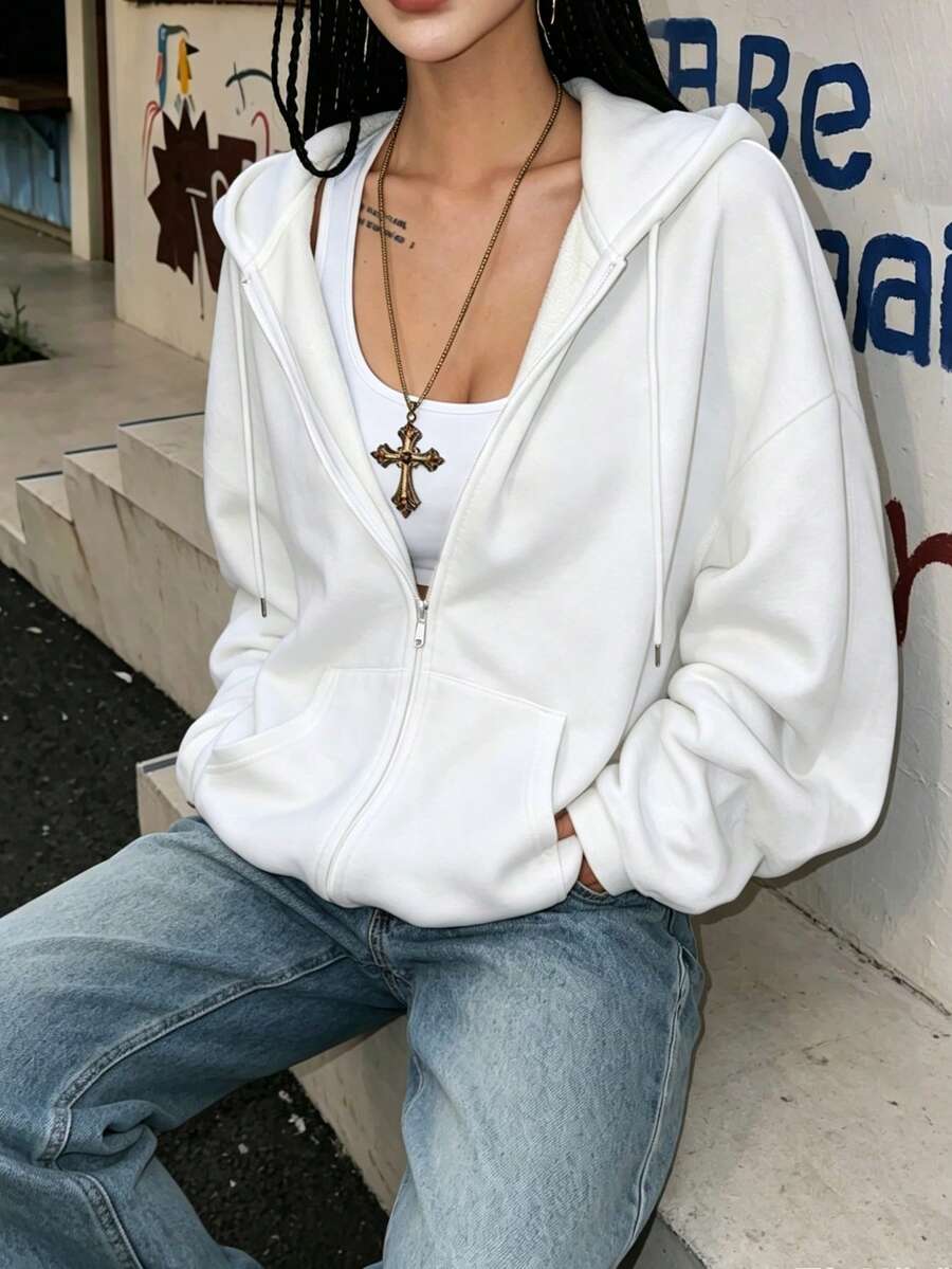 女款秋冬新款連帽運動運動衫外套,落肩簡約設計,時尚風格白色 - 白色 - 查看 1