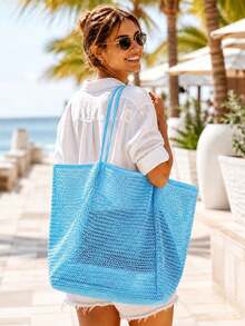 Bolso de malla, bolso de hombro plegable informal para mujer, bolso de picnic, impermeable, plegable, bolso esencial, bolso de compras multifuncional. - Albaricoque - Ver 1
