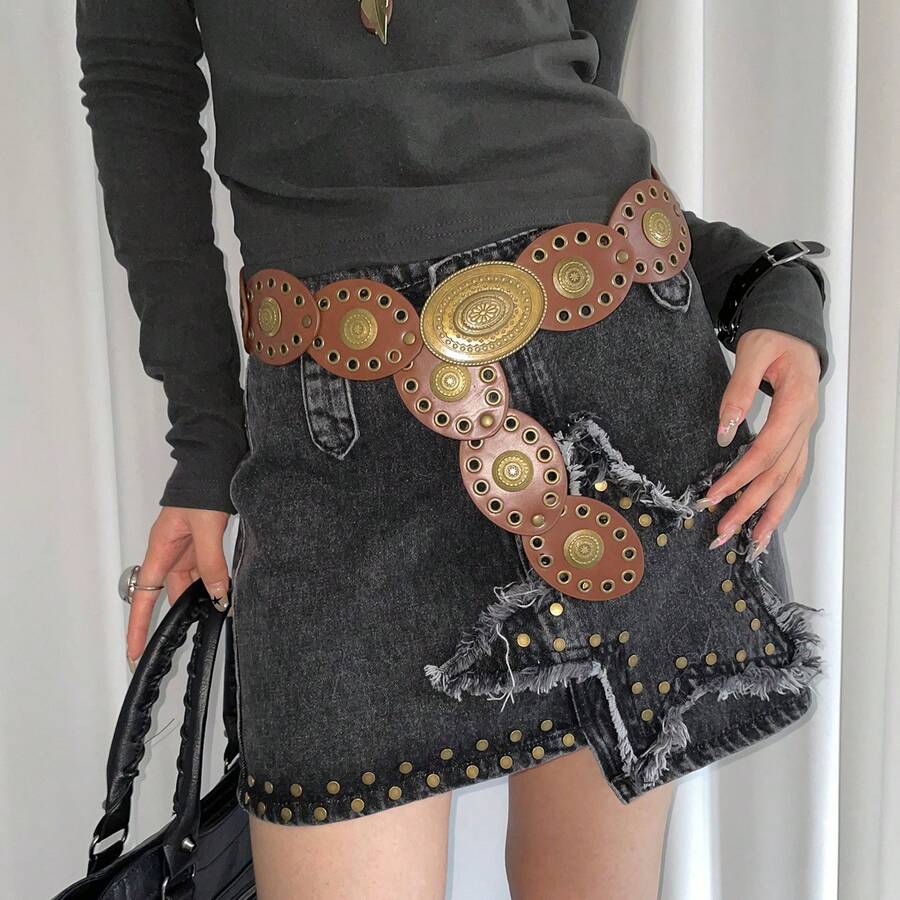 1pc Women's Bohemian Style Brown Patchwork Vintage Metal Belt, Suitable For Skirts, Jeans, Music Festival And Commute Outfits - Coffee - View 1