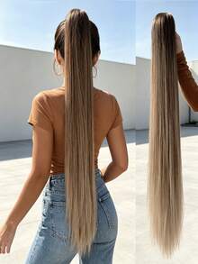 HEYPINK 38-Inch Extra Long Straight Synthetic Hair Ponytail Extension, Ombre Brown To Burgundy Black, Claw Clip Ponytail Hair Accessory Suitable For Women Party And Daily Use, Halloween - Dark Brown - View 4