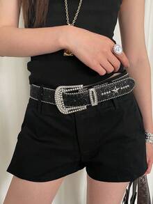 1pc PU Material Rhinestone Buckle Belt - Black - View 2