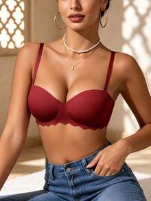 Women's Red Small Chest Push UP Bras, Seamless & Wireless Bralette, Solid Color Simple Daily Wear Brassiere With Soft & Thick Palm Cup - Burgundy - View 2