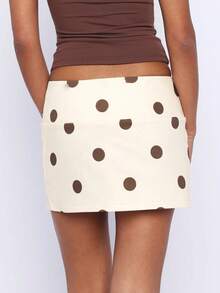100% Cotton Women Y2K Low Rise Wrap Brown Polka Dot Print Silver Metal Rivet Detail Side Split Mini Skirt Shorts Vintage Summer Daily - Apricot - View 3
