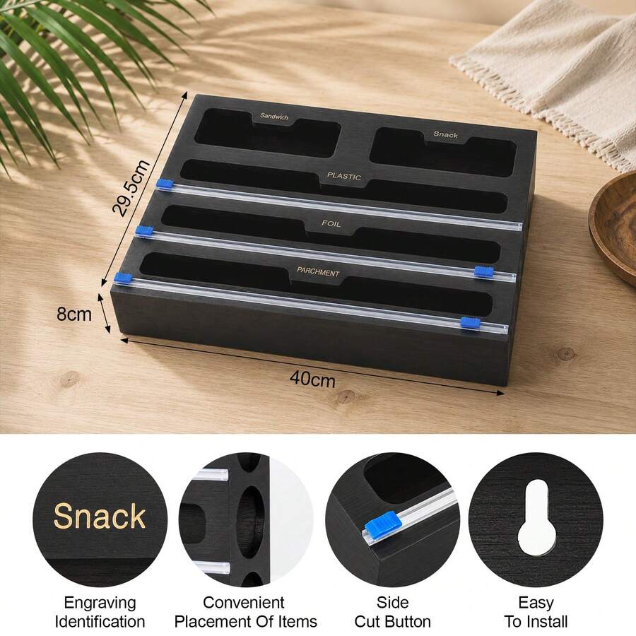 Foil And Cling Film Dispenser And Cutter, Bamboo Kitchen Wrap Organiser - Black - View 1