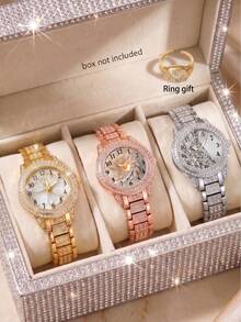 4 PIEZAS Reloj de pulsera de moda para mujer, Esfera con patrón digital floral exquisito, Elegante reloj de cuarzo + Anillo gratis, Adecuado para uso diario, Fiestas de vacaciones, Bodas, Día de San Valentín, Navidad y otras ocasiones, O como el mejor regalo de vacaciones para la novia y la mamá - Multicolor - Ver 1