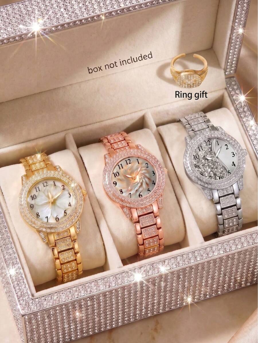 4 PIEZAS Reloj de pulsera de moda para mujer, Esfera con patrón digital floral exquisito, Elegante reloj de cuarzo + Anillo gratis, Adecuado para uso diario, Fiestas de vacaciones, Bodas, Día de San Valentín, Navidad y otras ocasiones, O como el mejor regalo de vacaciones para la novia y la mamá - Multicolor - Ver 1