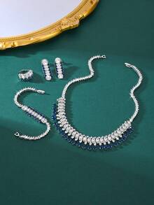4PCS New Luxury Fashion Cubic Zirconia Heart-Shaped Tassel Pendant Necklace, Earrings, Bracelet, Ring Jewelry Set. Elegant Accessories For Banquet, Party, Wedding, Bride - Royal Blue - View 4
