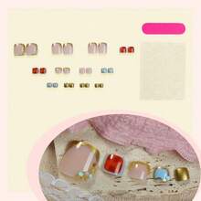 24Pcs Short Square Press-On Toenails, Nude Base With Thin Gold Metal French Frame, Tortoise Shell Print & Turquoise Rhinestone Mix Decor, Luxury Vintage Reusable False Toe Nail Kit For Summer Beach & Sandal Wear - Multicolor - View 4