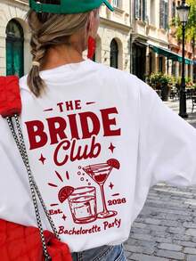 Es Trus Plus 女款夏季寬鬆復古「THE BRIDE Club」圖案印花街頭嘻哈 T 恤，韓系復古做舊時尚休閒款 - 白色 - 查看 3