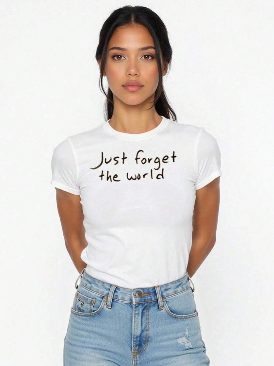 Playera básica mujer dama cuello redondo manga corta estampado casual algodón comodidad estilo moderno versatilidad moda casual outfit diario combinac - Schwarz - Übersicht 1