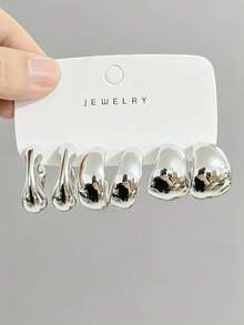 6-24 piezas de pendientes elegantes y a la moda, conjunto de pendientes geométricos multi-plateados, conjunto de pendientes de moda para mujer, uso diario, conjunto de pendientes chapados en plata sin decoloración y de baja alergia - Plateado - Ver 5