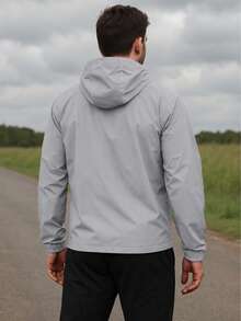 Men's Black Windbreaker Jacket With Removable Hood, Ideal For Gym Or Running - 淺灰色 - 查看 3