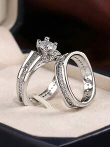 2件組時尚立方鋯石戒指套組，女款婚禮訂婚週年派對戒指飾品，情人節禮物 - 銀色 - 查看 4