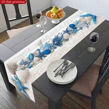 Polyester Table Runner, 2D Flat Printing Blue Starfish Seashell Coral Texture Pattern & Rustic Teal Wood Grain Fishing Net Beach Seashell Starfish Print, Heat Resistant Washable Table Decor Runner For Summer Nautical Table Decoration - Multicolor - View 3