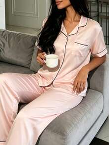 Nina Bonheur 2pcs/Set Women's Loose Comfortable Breathable Long Sleeve Top + Long Pants Cute Pajama Set - Pink - View 5
