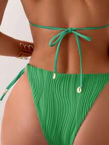 Conjunto de 2 piezas de bikini de triángulo con espalda de textura de onda especial de unicolor para mujer, verano - Verde - Ver 2