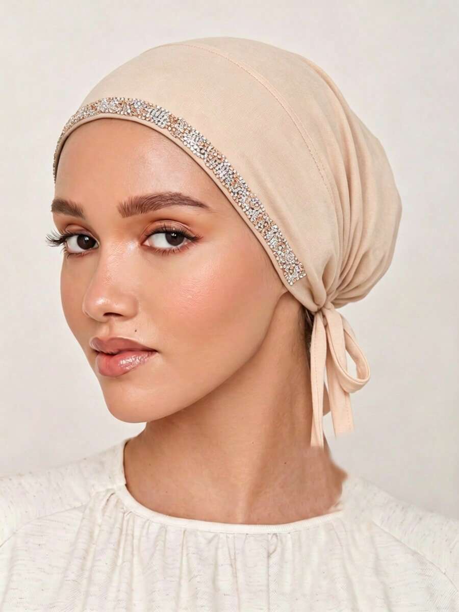 1pc Women's Solid Color Rhinestone Lace-Up Elastic Tie Headscarf With Lining