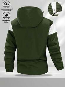 Men's Colorblock V-Shape Patchwork Hooded Jacket, Lightweight Windproof Outerwear With Zipper Pockets, Drawstring Adjustable Hood, Elastic Cuffs, Casual Sports Top, Spring/Autumn - Army Green - View 2