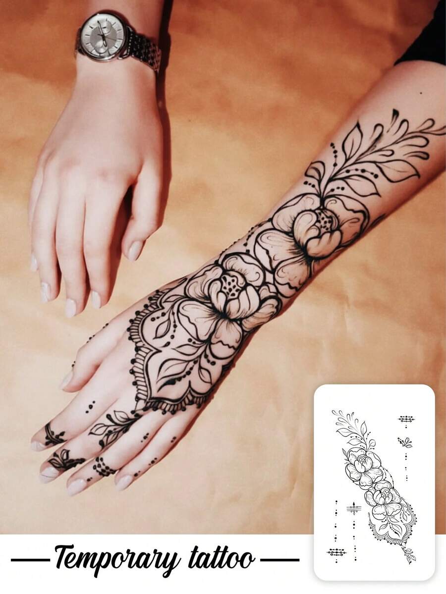 1件裝清新黑色線條蓮花海娜點綴垂直花卉圖案臨時紋身貼紙,逼真假紋身設計,適合日常、單身派對小禮物、音樂節、遊戲、畢業禮物,可維持3-5天 - 黑色 - 查看 1