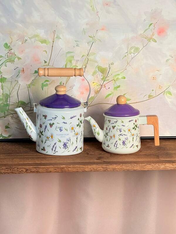 Bollitore in smalto stile Mori con coperchio viola, lavanda & camomilla, 2 stili disponibili, manico in legno con design anti-scottatura, pentola in smalto stile pastorale con coperchio viola, doppio uso per infusione di tè a casa & bollitura dell'acqua in campeggio, essenziale da cucina vintage di grande capacità