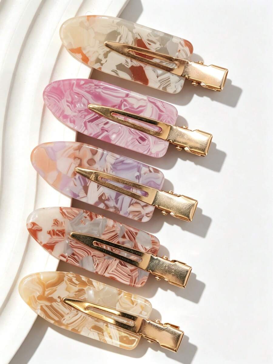 5Pcs 6cm Marble Pattern Hair Clips, Non-Slip PVC Duckbill Hair Pins, Swirl Texture Barrettes For Shower Makeup Daily Party, Women Hair Accessories - Multicolor - View 1