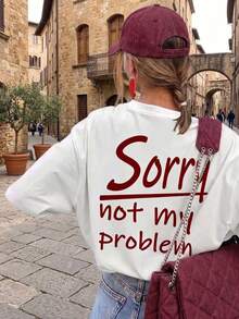 Es Trus Plus 女款夏季寬鬆復古「Sorry Not My Problem」字母圖案印花街頭嘻哈T恤，韓系復古做舊休閒風 - 白色 - 查看 2