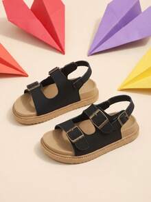 1 Pair Kids' Summer Flat Sandals, Premium Black Minimalist Fashion Sandals With Adjustable Bronze Buckle Design, Casual Style Suitable For Beach, Vacation And Outdoor Play - Black - View 2