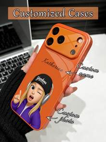 1件 DIY 真相照轉3D卡通肖像與姓名客製化，橘色奢華時尚大窗強化玻璃鏡頭保護磨砂防摔手機殼，適用於 iPhone 17ProMax/17Air/16Pro/15Plus/14ProMax/13/13Pro/13ProMax/12/11，全包覆高級保護殼手機配件 - 橘色 - 查看 6
