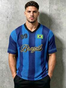 Spring/Summer New Vintage Sports Jersey Small V-Neck Striped Short Sleeve T-Shirt Top - Blue - View 1
