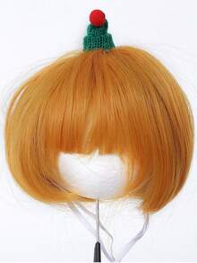 6 Inch Straight Bright Orange Pet Bob Wig With Full Bangs, Soft Synthetic Fiber, Cute Mini Knitted Green Hat With Pom Pom Decoration, Adjustable Strap, Suitable For Small Dogs And Cats Christmas Cosplay Costume Accessory, Halloween - Multicolor - View 5
