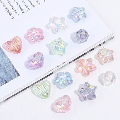 10pcs Acrylic UV Colored Heart, Star, Flower Perforated Beads DIY Jewelry Making Supplies, Random Mixed Colors