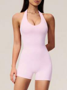 TimeOff Women's 1pc Solid Color Halter Neck U-Neck Backless Sports Romper - Pink - View 7