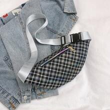 Korean Style Plaid Casual Waist Bag, Women's Wide Strap Versatile One Shoulder Small Bag, Sports Travel Portable Storage Chest Bag - A - View 3