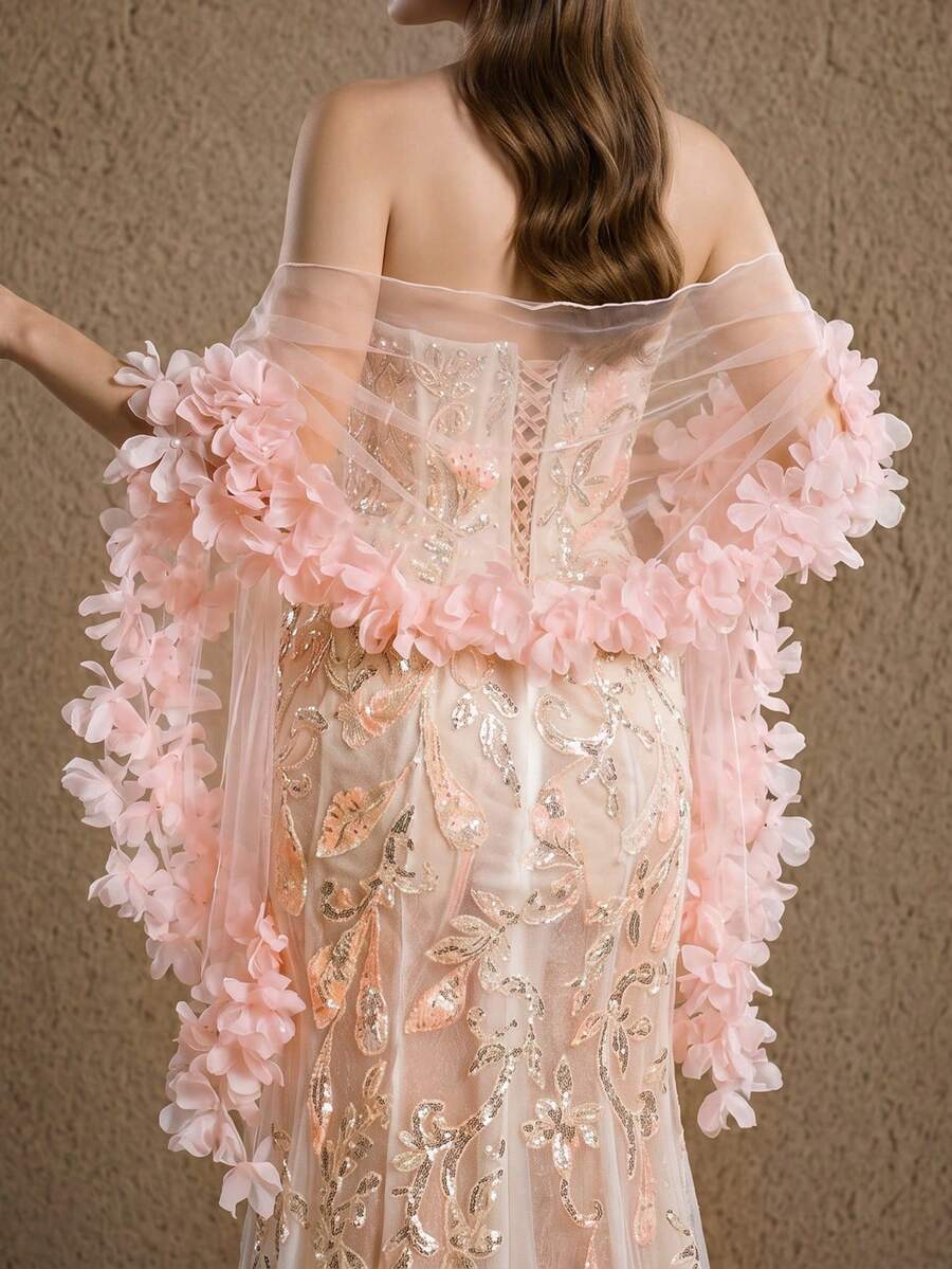 1件裝珠飾花卉婚禮披肩 優雅新娘披肩 3D花卉女款披肩 婚紗配件