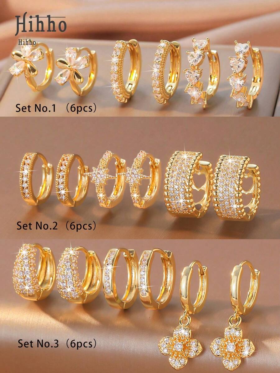 Hihho 6pcs/Set Zirconia Stone Earring Set, Floral & Heart Decor, Sweet & Lively Style, Clover & Hollow Pave Luxury, Simple Solid Hoop & Clover Pendant, Balancing Simplicity & Decoration. Dense Zirconia Inlay, Shiny, Suitable For Daily, Commute, Light Social Occasions - Gold - View 1