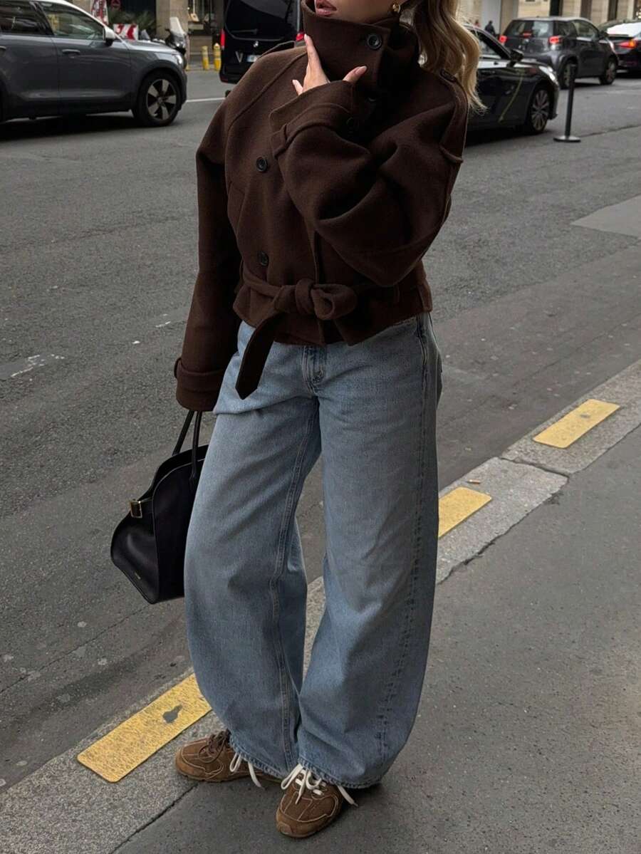DEEKA Nueva Chaqueta de Mujer de Moda Otoño/Invierno Casual Minimalista con Doble Botonadura y Cinturón Marrón - Marrón - Ver 1