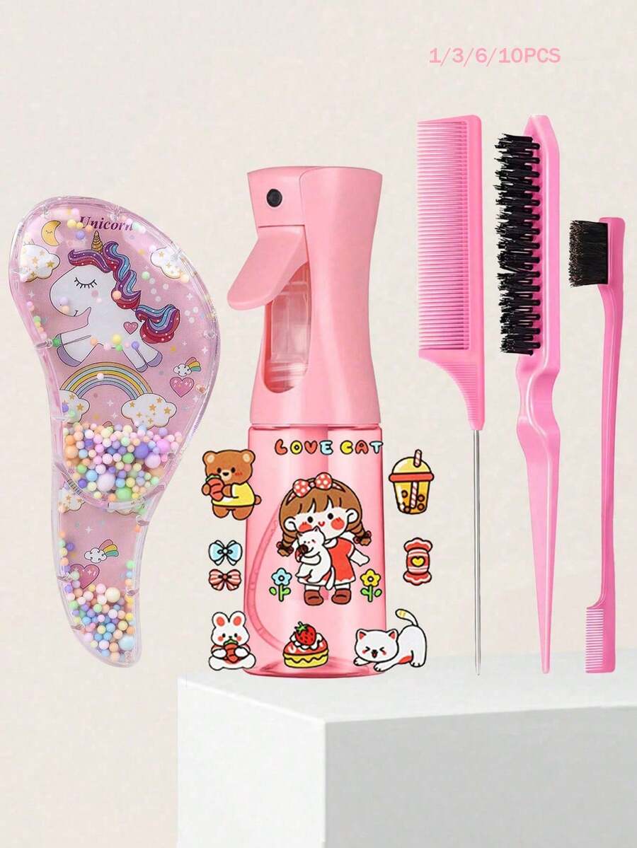 OBOVAY 1/3/6/10pcs Set Mini Cartoon Unicorn Comb & Continuous Mist Spray Bottle Set, Mist Spray Bottle With Continuous Fine Mist Function Styling Comb Set, Suitable For Adults And Girls, Volume Booster, Tail Comb, Side Comb, For Hairstyling, Salon, Barber Shop, Comb, Styling Comb, Mini Comb Set, Mother's Day Gift Set Hair Products