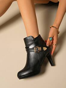 Autumn/Winter European And American New Style Ankle Boots With Side Zipper Fashion Boots Women's Chunky Heel High Heel Round Toe Boots - Black - View 3