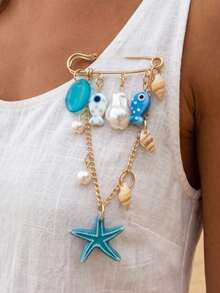 1pc Ocean Vacation Bohemian Brooch, Marine Life Ceramic Fish, Acrylic Starfish Pendant, Faux Pearl With Shell Pendant, Multi-Purpose Brooch Pin For Women - Multicolor - View 1