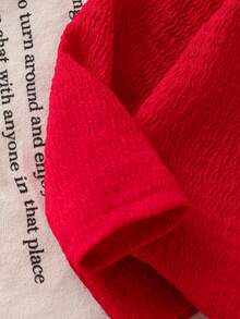 Baby Girl Spring/Autumn 2-Piece Set, Red Textured Ruffle Flutter Sleeve T-Shirt Pullover Top + 3D Red Bow Decor Denim Long Pants, Casual Daily Outfit - Red - View 8