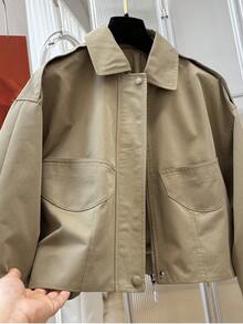 Women's Autumn Vintage Turn-Down Collar Short Flight Jacket With Zipper Pockets, Spring Long Sleeve Outerwear - Khaki - View 4