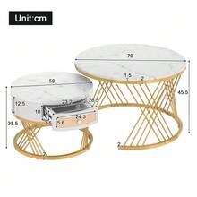 2-In-1 Round Coffee Table Made Of MDF, Side Table With Marble Tabletop And Plastic Rattan Drawers, Solid Wood Handles. Gold Iron Legs. 70 X 70 X 45.5 + 50 X 50 X 38.5 Cm - 白色 - 查看 2